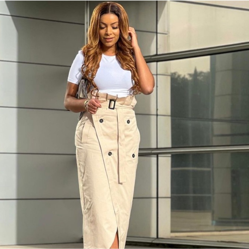 ZARA High-Waist Paperbag Gabardine Midi Skirt Sz M NWT